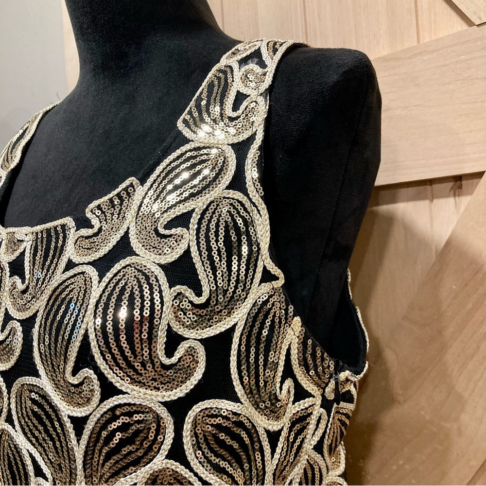 Black and Gold Sleeveless Sheath Dress Fringe Paisley Sequins - Picture 5 of 15